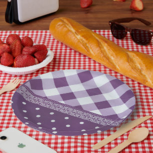 Assiettes En Carton Violet blanc À damiers Polka Dot Floral Damask Art