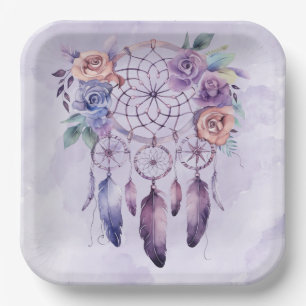 Assiettes En Carton Violet Dreamcatcher et Fleurs Baby shower fille