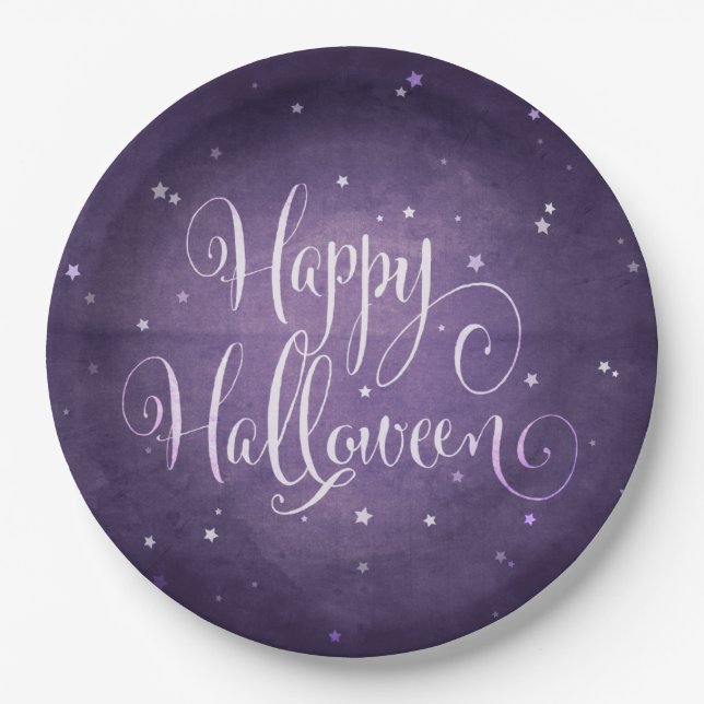 Assiettes En Carton Violet Faded Magical Stars Joyeux Halloween Party (Devant)