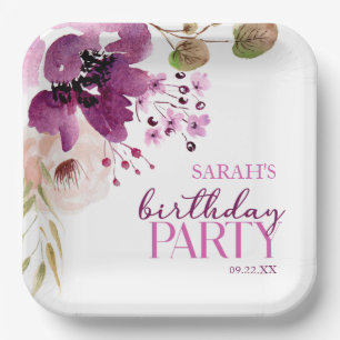 Assiettes En Carton Violet Magenta Purple Floral fête d'anniversaire
