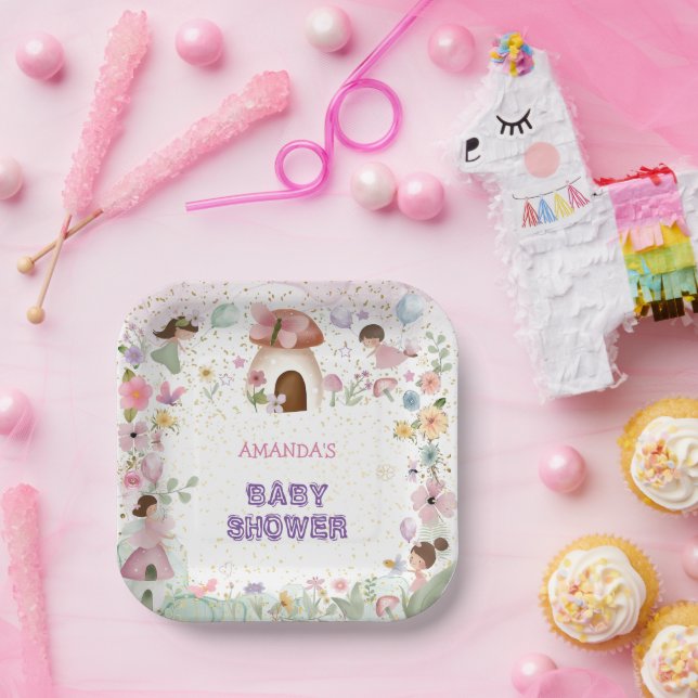Assiettes En Carton Violet rose Fairy Baby Girl Douche Floral Forêt (Fête)