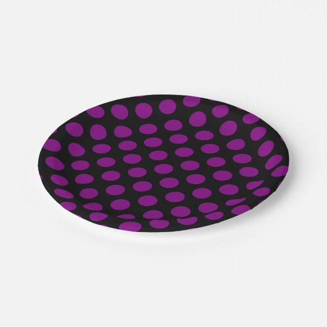 Assiettes En Carton Violet sur noir Pois de grande taille (Angle)