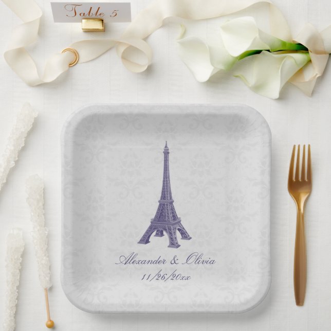 Assiettes En Carton Violet Tour Eiffel Mariage damassé Douche (Mariage)