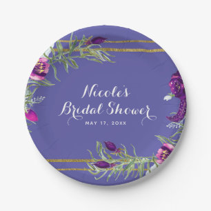 Assiettes En Carton Violet ultra-pourpre et floral doré Bohème chic