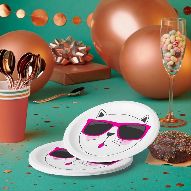 Assiettes En Carton Visage de chat cool avec lunettes de soleil roses  (Créateur téléchargé)
