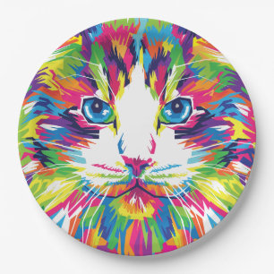 Assiettes En Carton Visage de Chat Design Géométrique Prismatique-3245