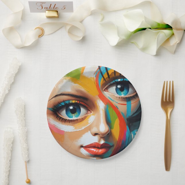 Assiettes En Carton Visage peint couleur Abstraite (Mariage)