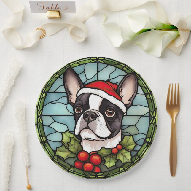 Assiettes En Carton Vitrail de Noël Boston Terrier (Mariage)
