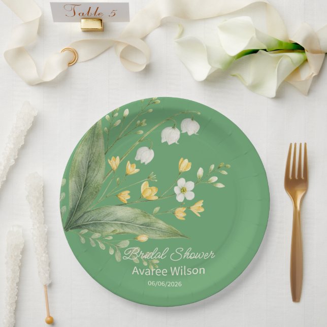 Assiettes En Carton Vivant Vert Jaune et Fleurs Blanches Douche (Mariage)