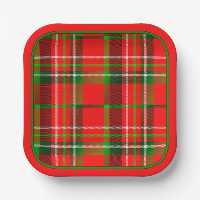 Assiettes En Carton Vive de Noël Rouge Vert Motif Tartan géométrique (Recto)
