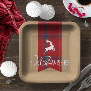 Assiettes En Carton Voeux chauds Kraft & Tartan Red ID589