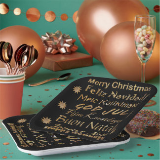 Assiettes En Carton Vœux de Noël en paillettes dorées multilingues 