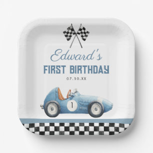 Assiettes En Carton Voiture de course bleue vintage pour 1er anniversa