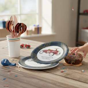 Assiettes En Carton Voiture de course rouge vintage aquarelle Annivers