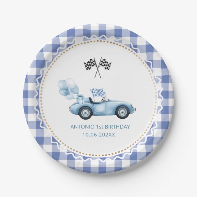 Assiettes En Carton Voiture de course Watercolor 1er anniversaire (Devant)