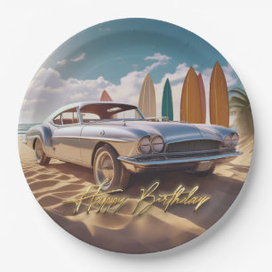 Assiettes En Carton Voiture de sport vintage plage tropicale Joyeux an