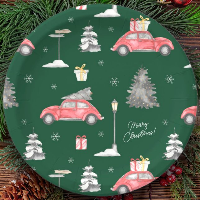 Assiettes En Carton Voiture rouge Motif d'hiver Joyeux Noël vert (Créateur téléchargé)