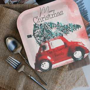 Assiettes En Carton Voiture rouge vintage avec un arbre de Noël attach