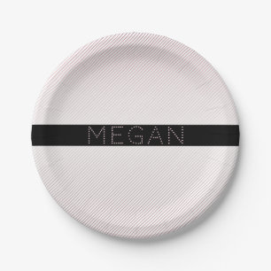 Assiettes En Carton Votre nom Blanc fin et Rose subtil Ombre Stripes