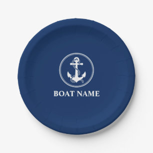Assiettes En Carton Votre Nom De Bateau Ancre Avec Rope Navy Blue 7"