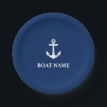 Assiettes En Carton Votre nom de bateau Ancre Marine Blue 7"<br><div class="desc">Votre nom de bateau Plaque en papier Ancre bleu et blanc marine</div>