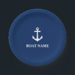 Assiettes En Carton Votre nom de bateau Ancre Marine Blue 7"<br><div class="desc">Votre nom de bateau Plaque en papier Ancre bleu et blanc marine</div>