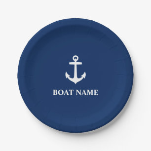 Assiettes En Carton Votre nom de bateau Ancre Marine Blue 7"