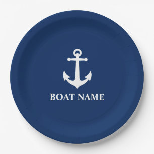 Assiettes En Carton Votre nom de bateau Ancre nautique Vintage Navy Bl