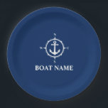 Assiettes En Carton Votre nom de bateau Compass Ancre Navy Blue 9"<br><div class="desc">Nom du bateau Plaque de papier d'Ancre bleu et blanc de la marine</div>
