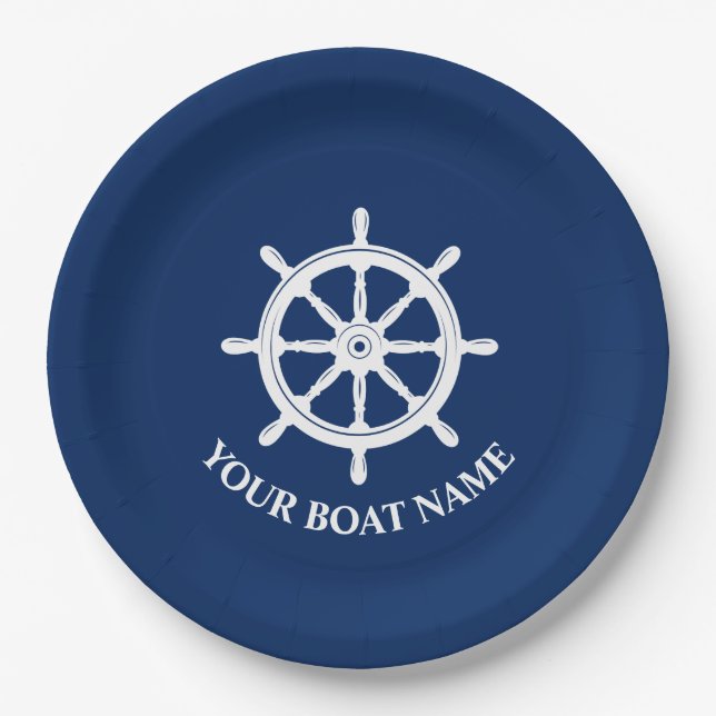 Assiettes En Carton Votre nom de bateau ou le texte Expédié Roue Helm (Devant)