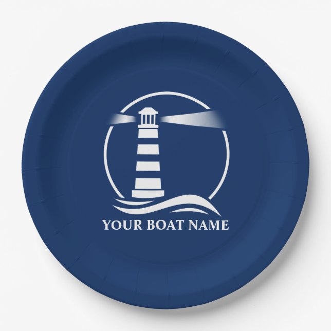 Assiettes En Carton Votre nom de bateau ou votre texte Phare Navy Blue (Devant)