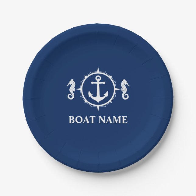Assiettes En Carton Votre nom de bateau Seahorse Ancre Navy Blue 7" (Devant)