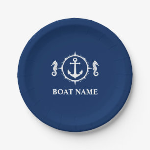 Assiettes En Carton Votre nom de bateau Seahorse Ancre Navy Blue 9"