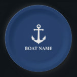 Assiettes En Carton Votre nom de bateau Vintage Ancre nautique bleu ma<br><div class="desc">Votre nom de bateau Marine Bleu et blanc Vintage plaque de papier Ancre nautique</div>