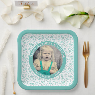 Assiettes En Carton Votre photo 100 Motif de nombre aléatoire Turquois