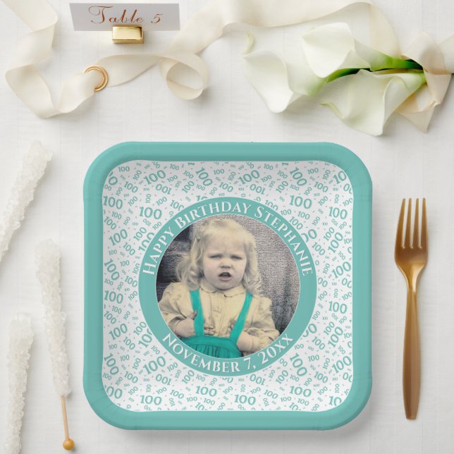 Assiettes En Carton Votre photo 100 Motif de nombre aléatoire Turquois (Mariage)
