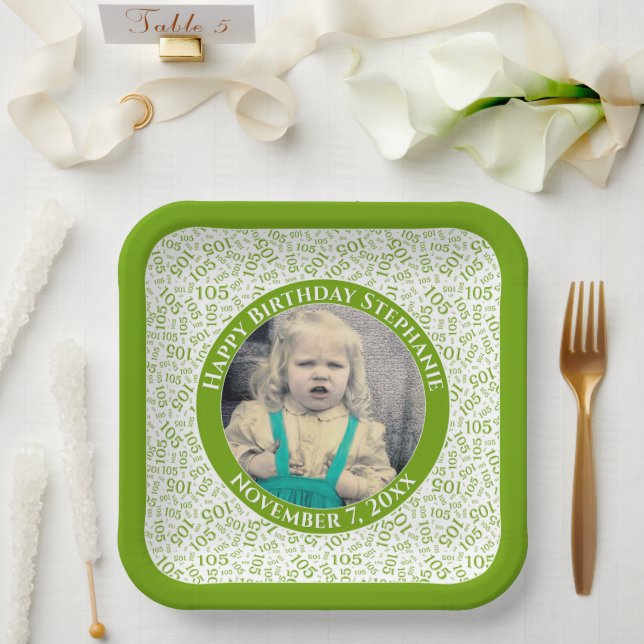 Assiettes En Carton Votre photo 105 Random Number Motif Vert/Blanc (Mariage)