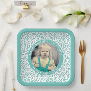 Assiettes En Carton Votre photo 35 Motif de nombre aléatoire Turquoise