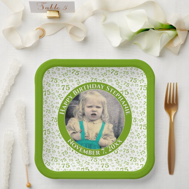 Assiettes En Carton Votre photo 75 Random Number Motif Vert/Blanc (Mariage)