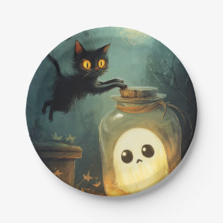 Assiettes En Carton Vous avez - Chat d'Halloween et fantôme