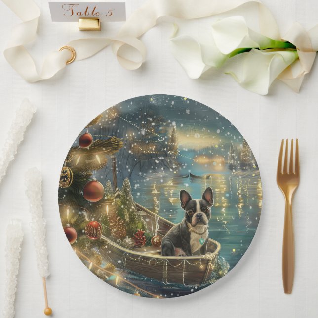Assiettes En Carton Voyage festif de Noël de Boston Terrier (Mariage)