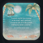 Assiettes En Carton Warmer Wonderland Tropical Beach Christmas<br><div class="desc">Des plaques de papier de Noël tropicales et capricieuses sont aménagées sur une plage de couleur clair de lune avec des coquillages et du sable scintillant, des palmiers et un bateau naviguant dans la mer turquoise. Les paroles sont à l'air de "Winter Wonderland" mais avec une touche tropicale qui dit...</div>