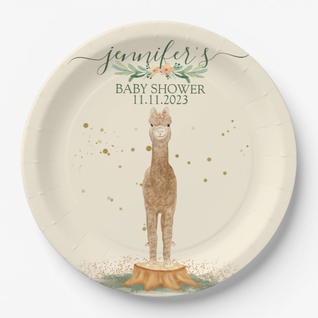 Assiettes En Carton Watercolor Alpaca Baby Shower Animal (Devant)