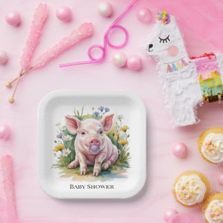 Assiettes En Carton Watercolor Baby Pig Wildflowers Baby Shower
