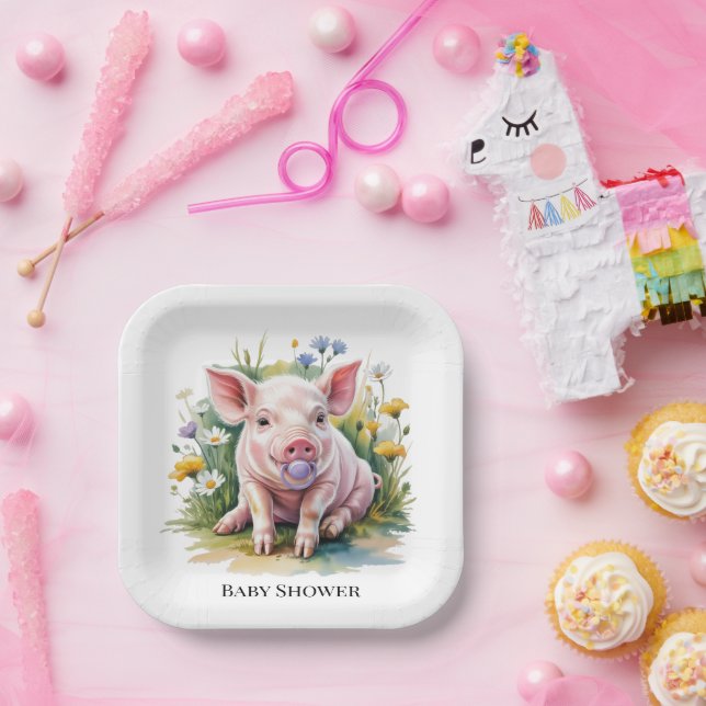 Assiettes En Carton Watercolor Baby Pig Wildflowers Baby Shower (Fête)