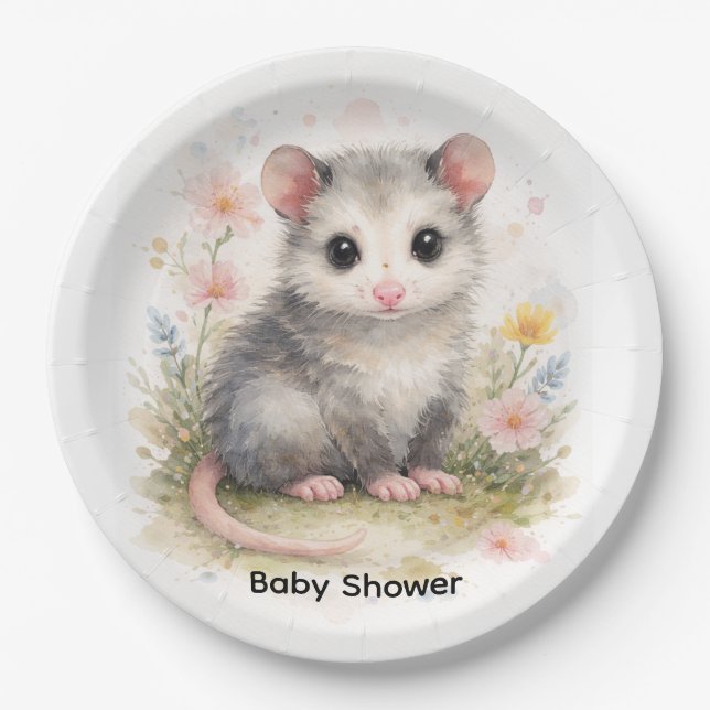 Assiettes En Carton Watercolor Baby Possum Baby Shower (Devant)