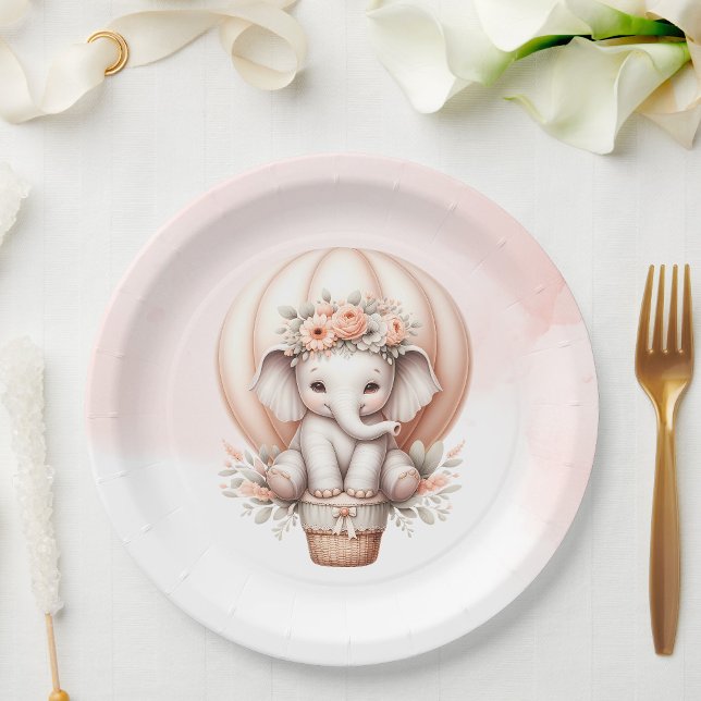 Assiettes En Carton Watercolor Baby Shower Peach Elephant (Créateur téléchargé)