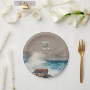 Assiettes En Carton Watercolor Beach Ocean Waves Monogram Mariage