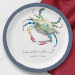 Assiettes En Carton Watercolor Blue Crab Beach Wedding<br><div class="desc">Ces plaques en papier nautique présentent un superbe design d'aquarelle de la vie marine du crabe de sable, inspiré par la beauté de l'océan. Une illustration de crabe bleu ajoute une touche romantique de plage de fruits de mer, parfaite pour un mariage de plage rustique en bord de mer ou...</div>