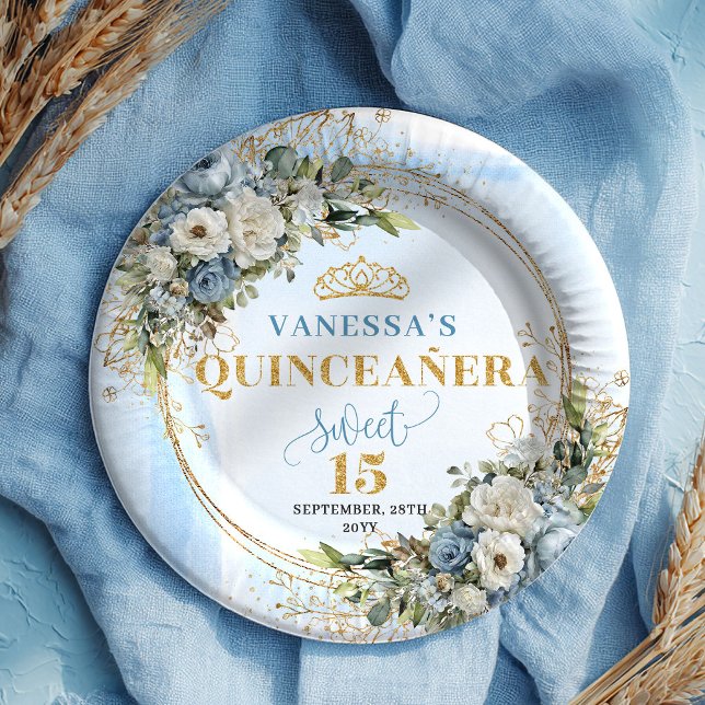 Assiettes En Carton Watercolor Blue Flowers Gold Personalized Quince (Watercolor Blue Flowers Gold Personalized Quince)